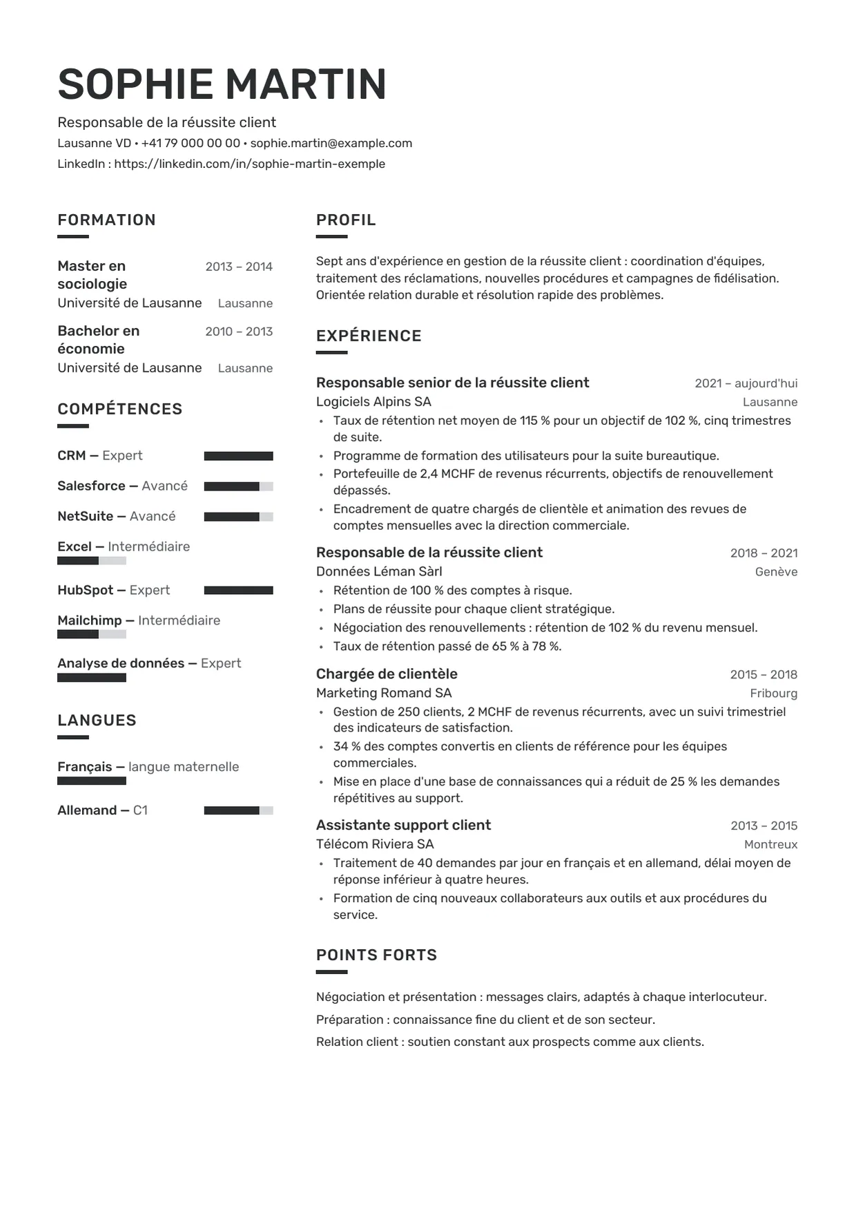 Exemple de CV fictif au nom de Sophie Martin, modèle Graphite
