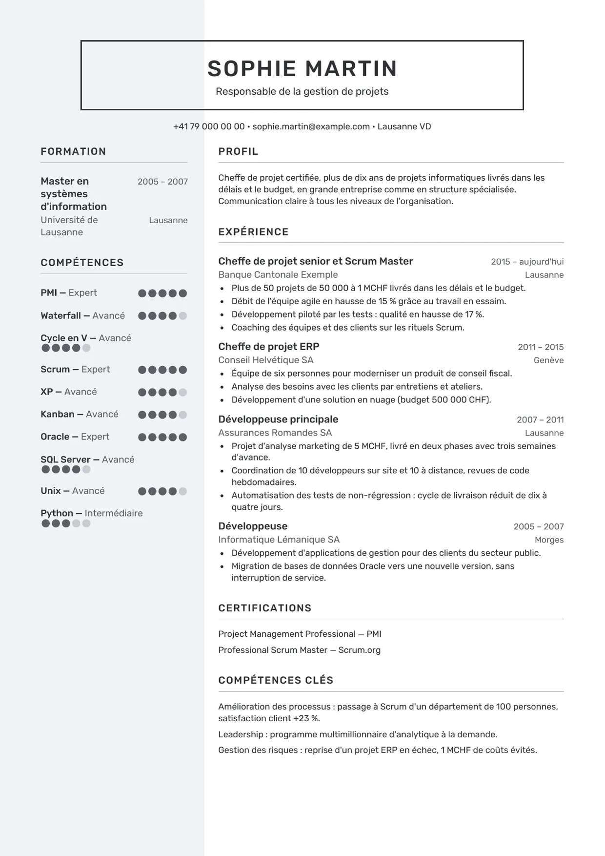 Exemple de CV fictif au nom de Sophie Martin, modèle Encadré