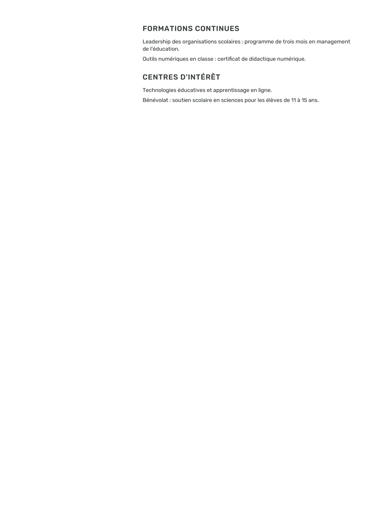 Exemple de CV fictif au nom de Sophie Martin, modèle Prairie, page 2