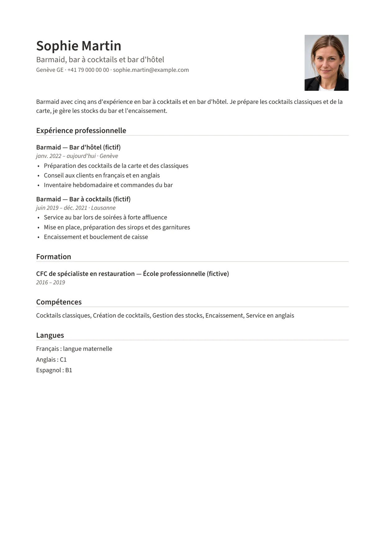 Exemple de CV fictif au nom de Sophie Martin