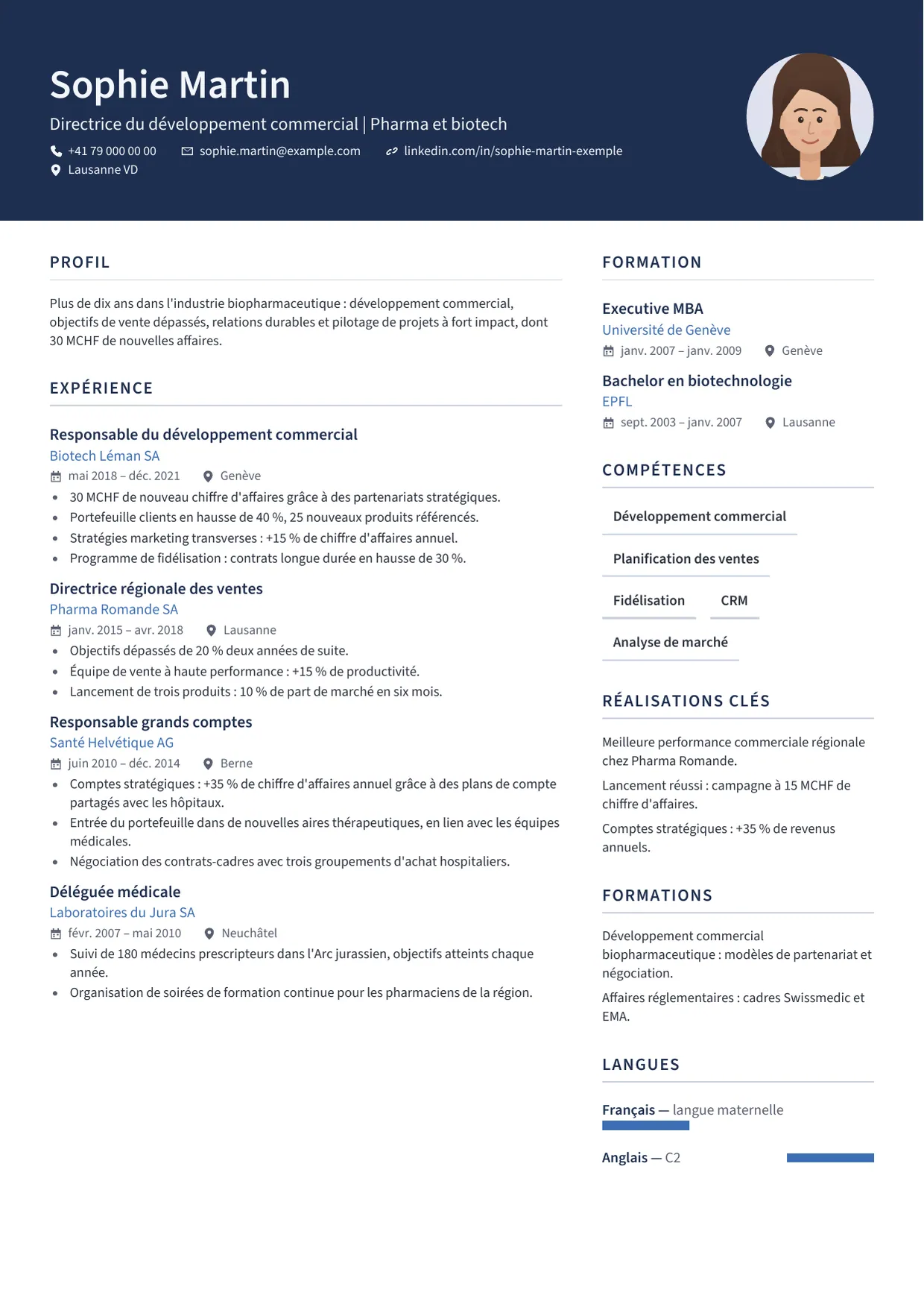 Exemple de CV fictif au nom de Sophie Martin, modèle Marine