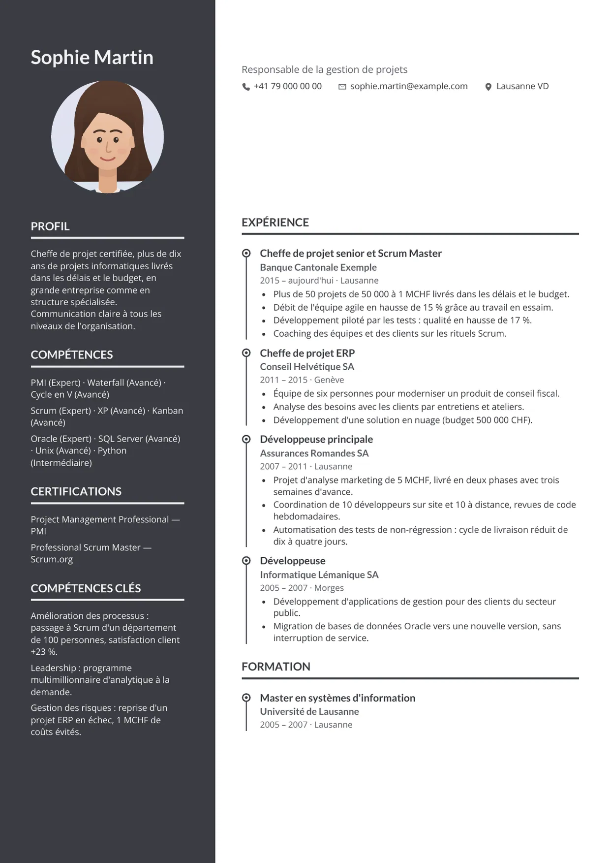 Exemple de CV fictif au nom de Sophie Martin, modèle Contraste