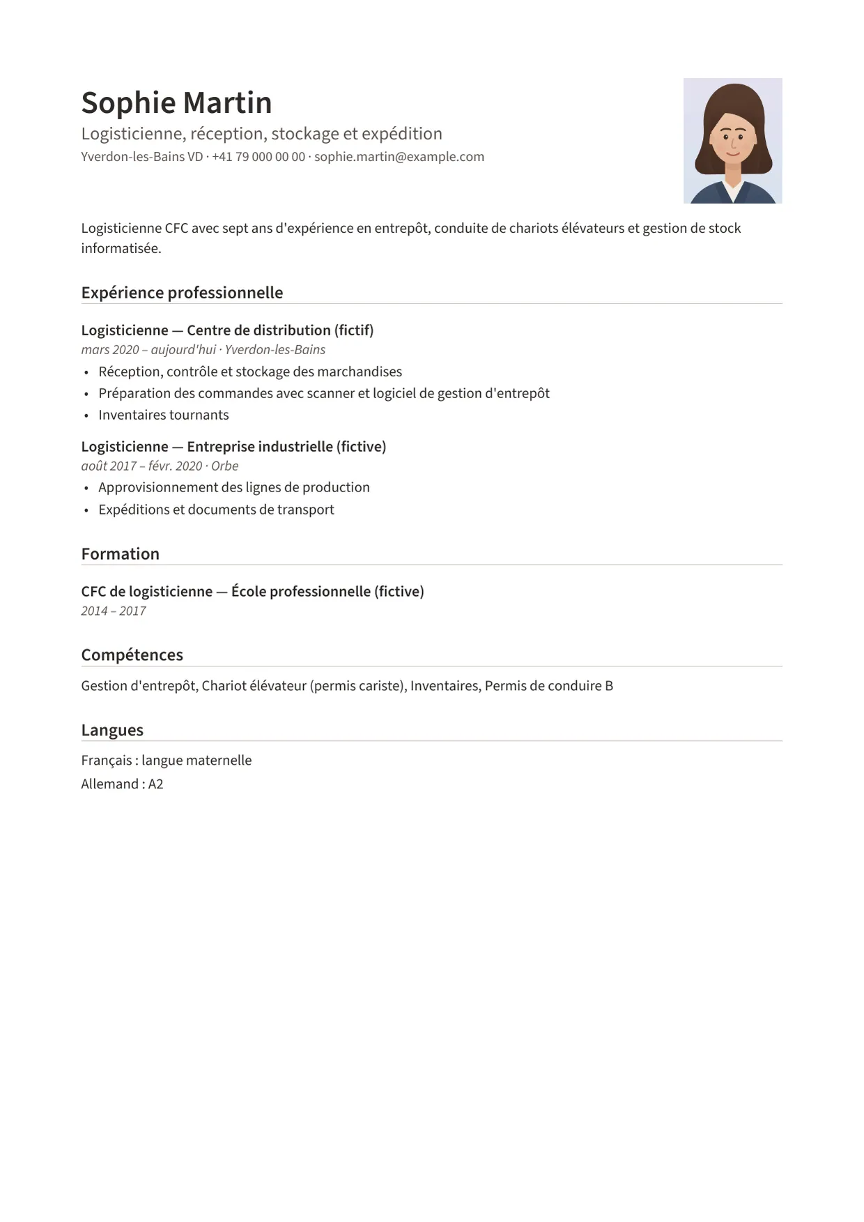 Exemple de CV fictif au nom de Sophie Martin, modèle Classique