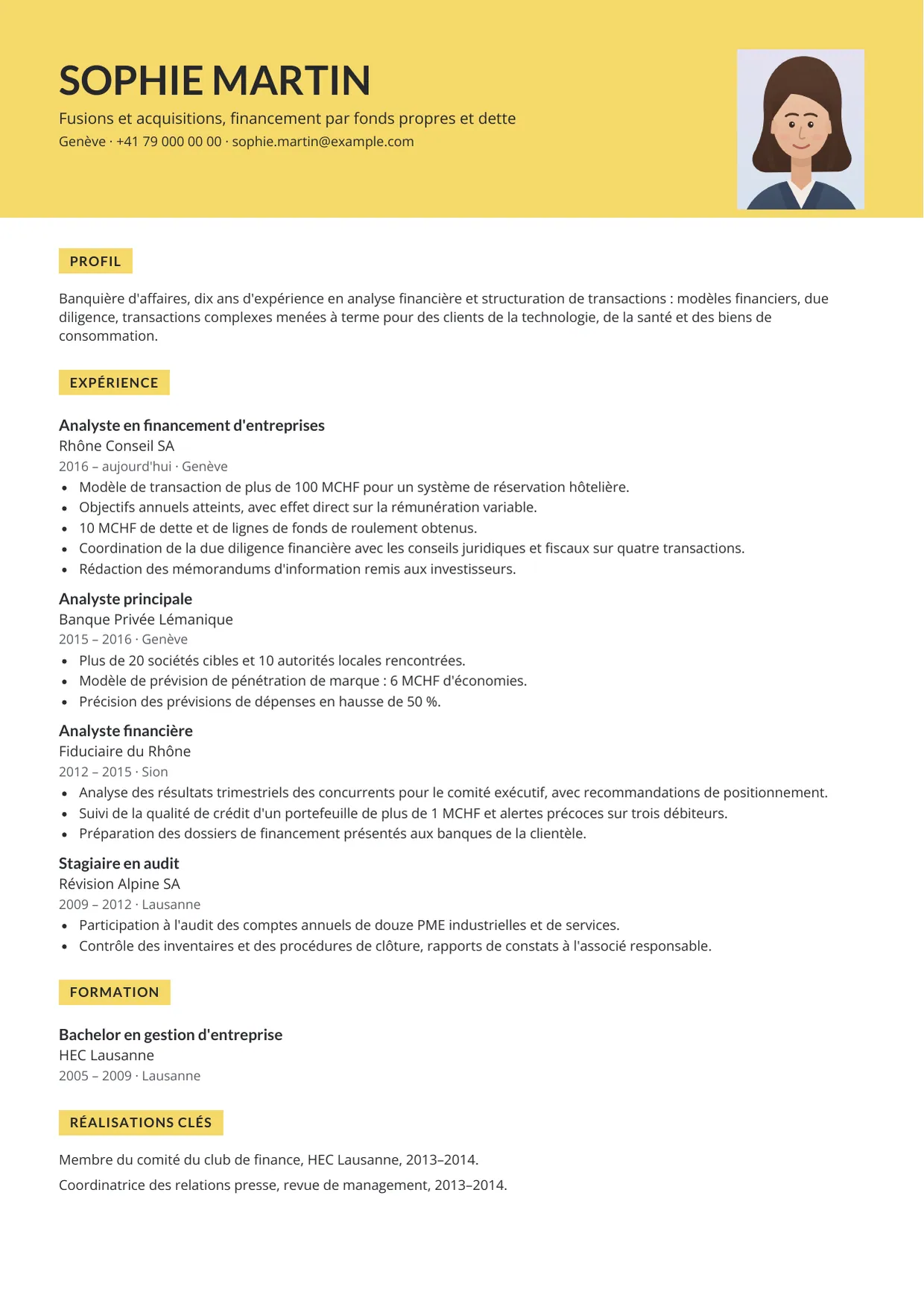 Exemple de CV fictif au nom de Sophie Martin, modèle Soleil