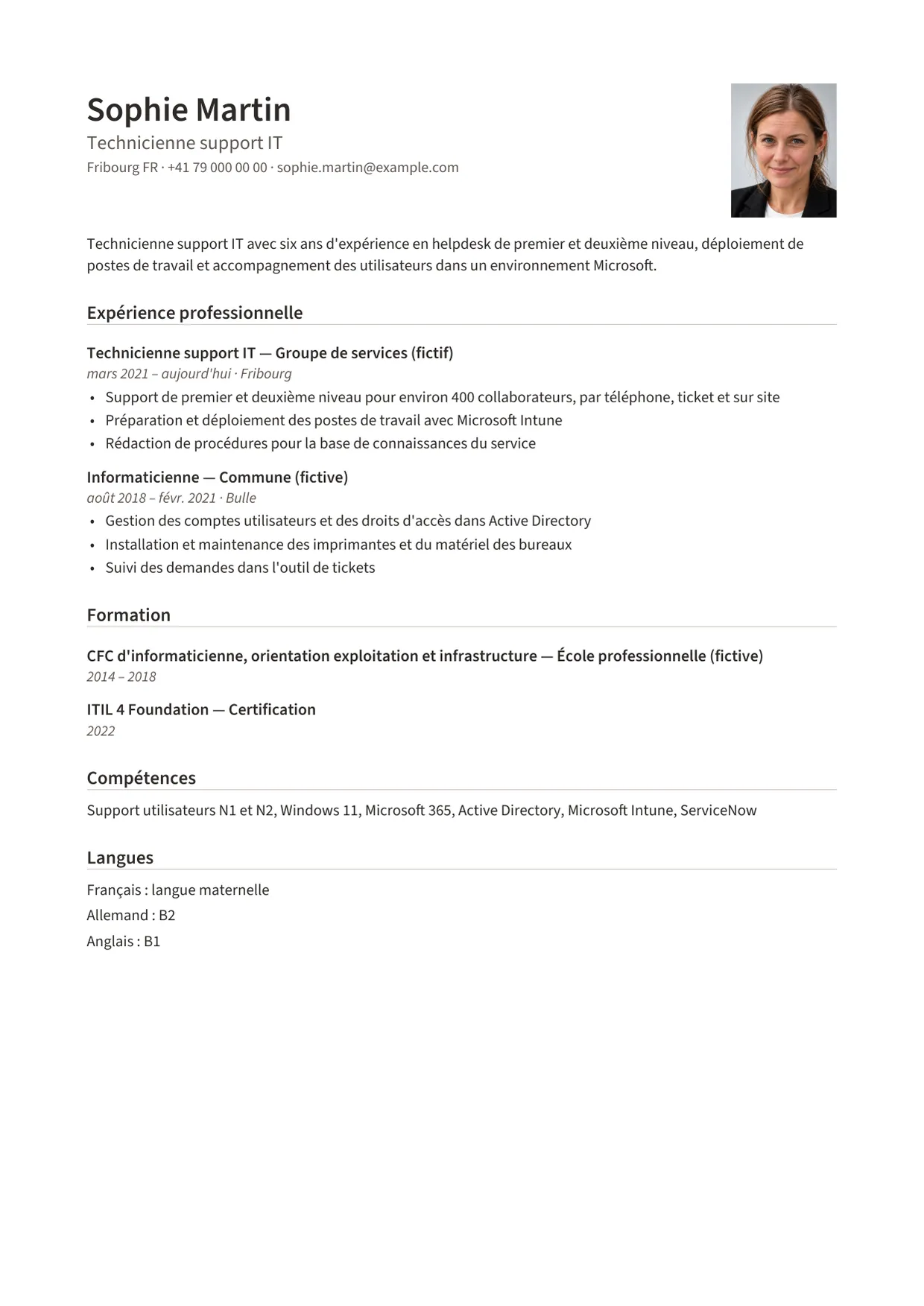 Exemple de CV fictif au nom de Sophie Martin