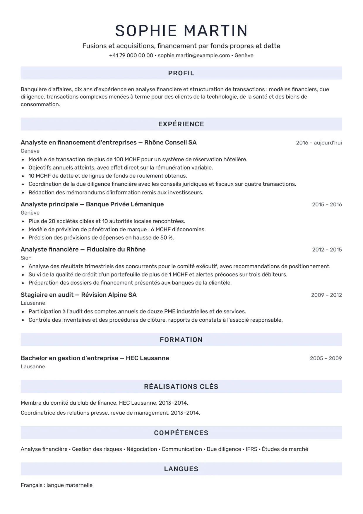 Exemple de CV fictif au nom de Sophie Martin, modèle Clarté