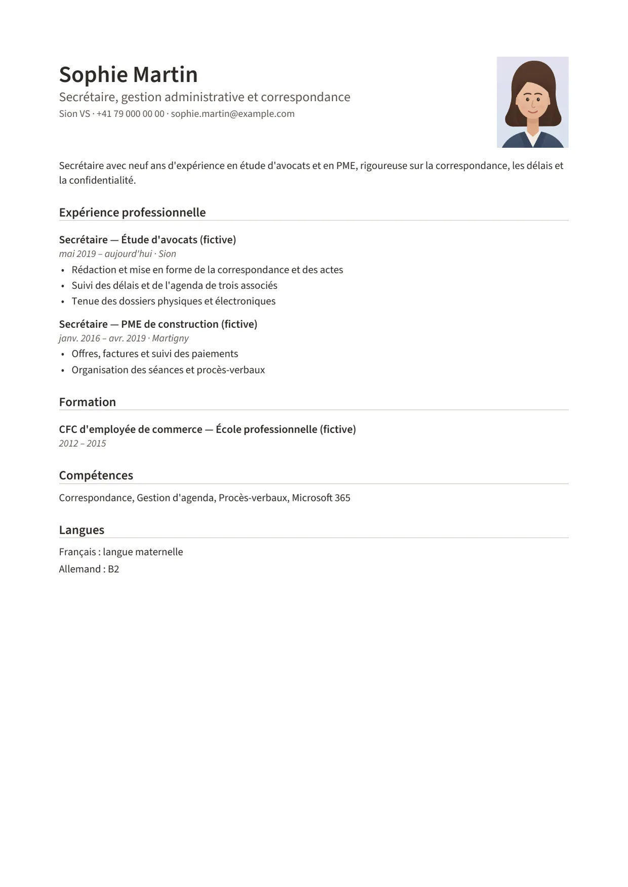 Exemple de CV fictif au nom de Sophie Martin, modèle Classique