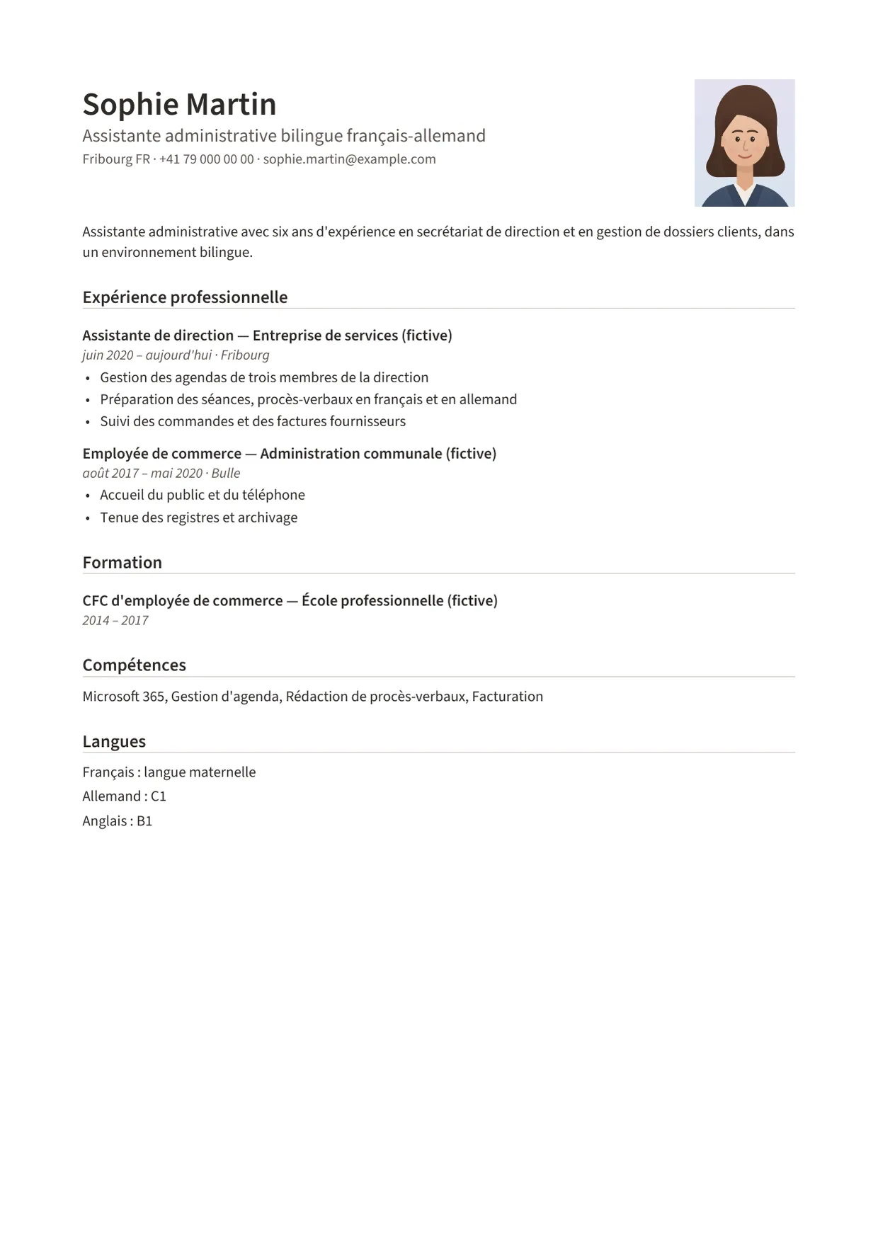 Exemple de CV fictif au nom de Sophie Martin, modèle Classique
