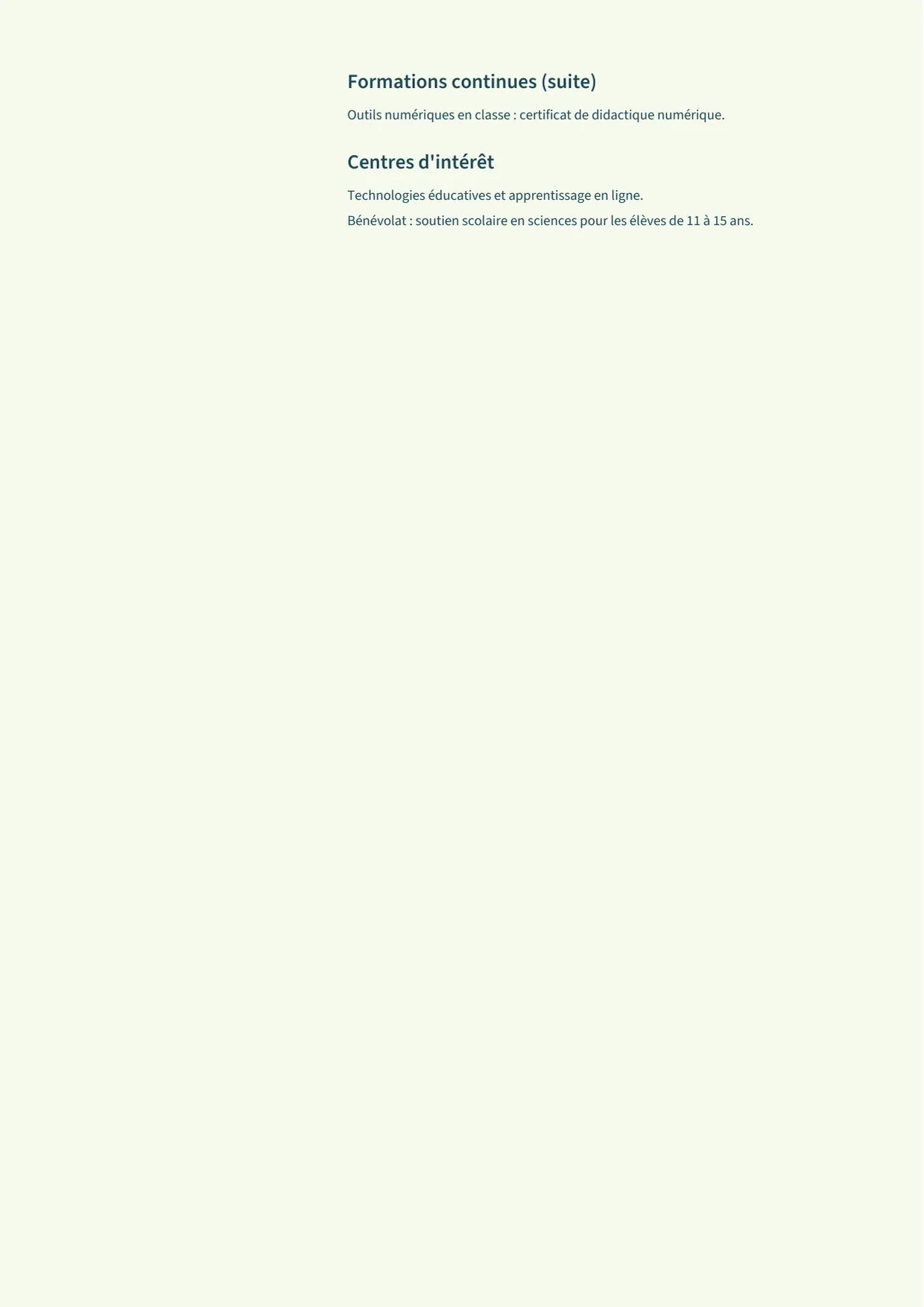 Exemple de CV fictif au nom de Sophie Martin, modèle Menthe, page 2