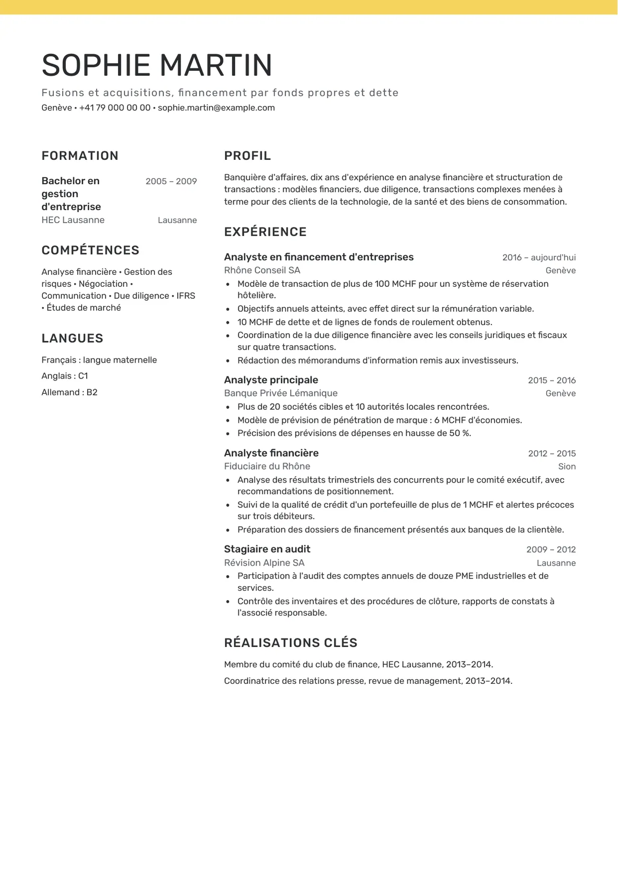 Exemple de CV fictif au nom de Sophie Martin, modèle Accent