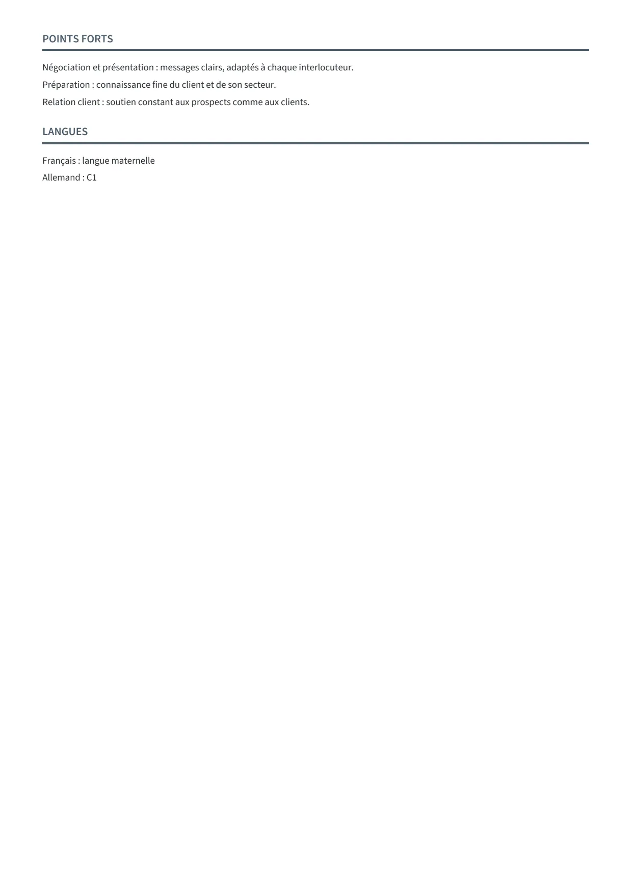 Exemple de CV fictif au nom de Sophie Martin, modèle Cadre, page 2