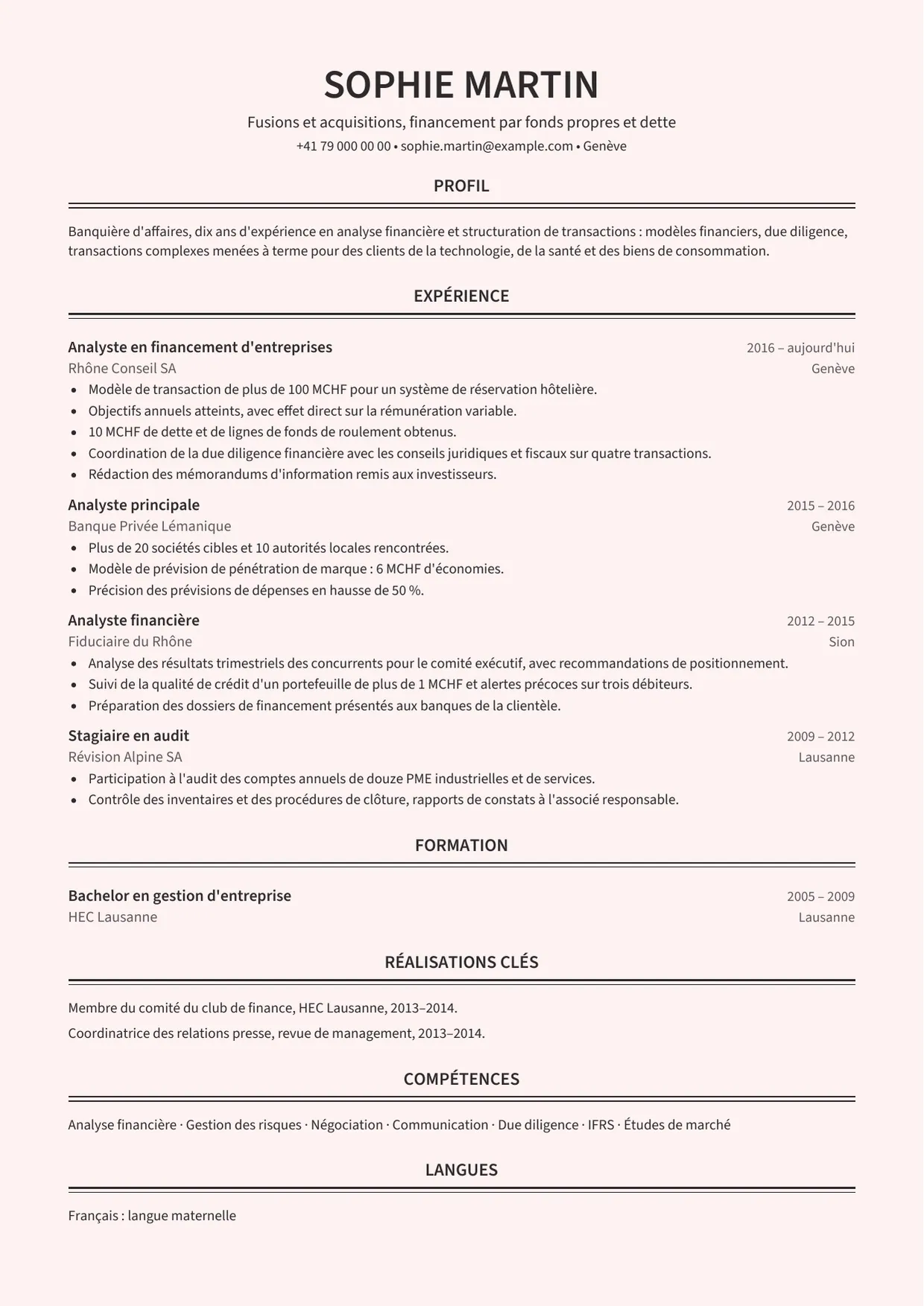 Exemple de CV fictif au nom de Sophie Martin, modèle Rosé