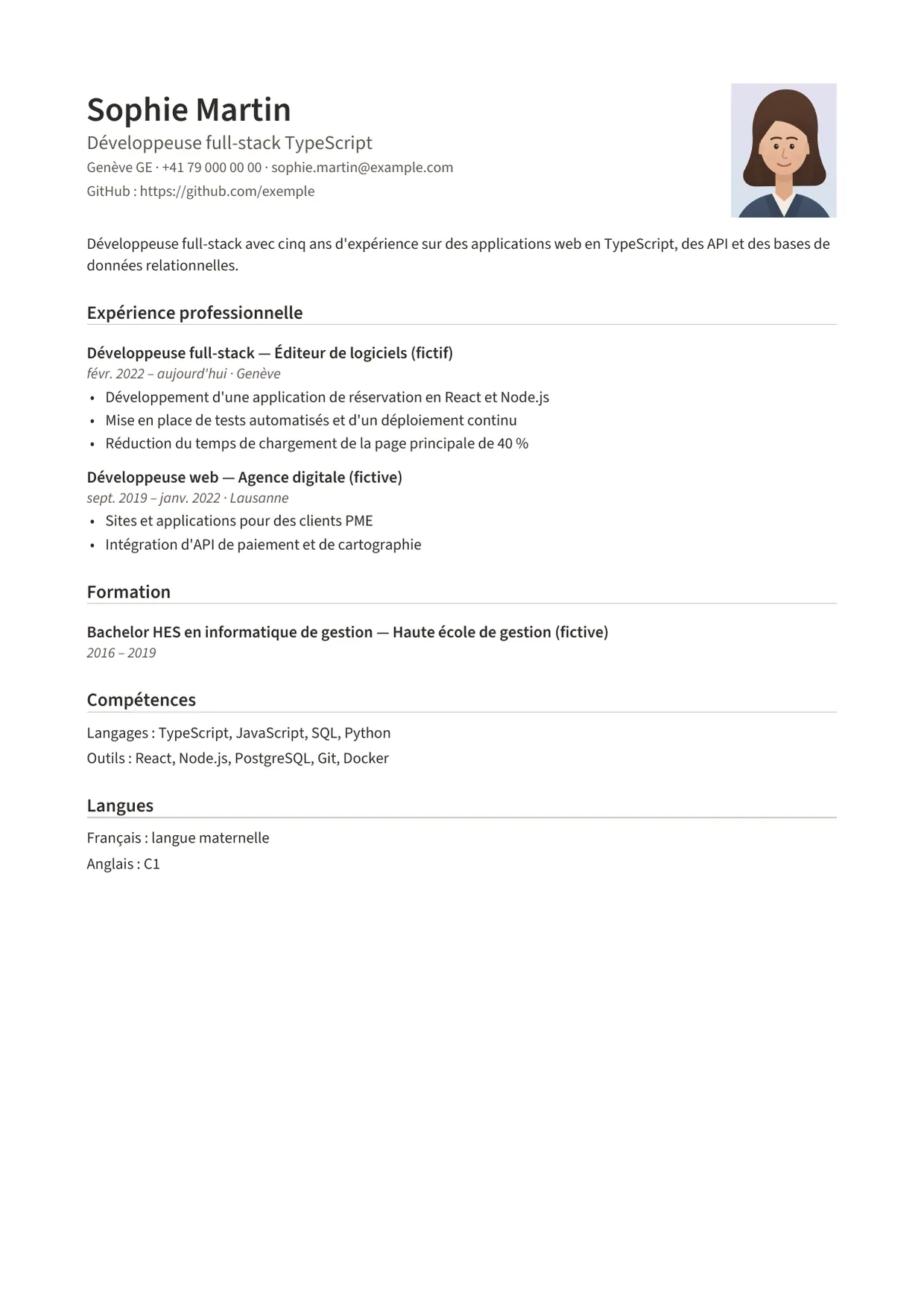 Exemple de CV fictif au nom de Sophie Martin, modèle Classique