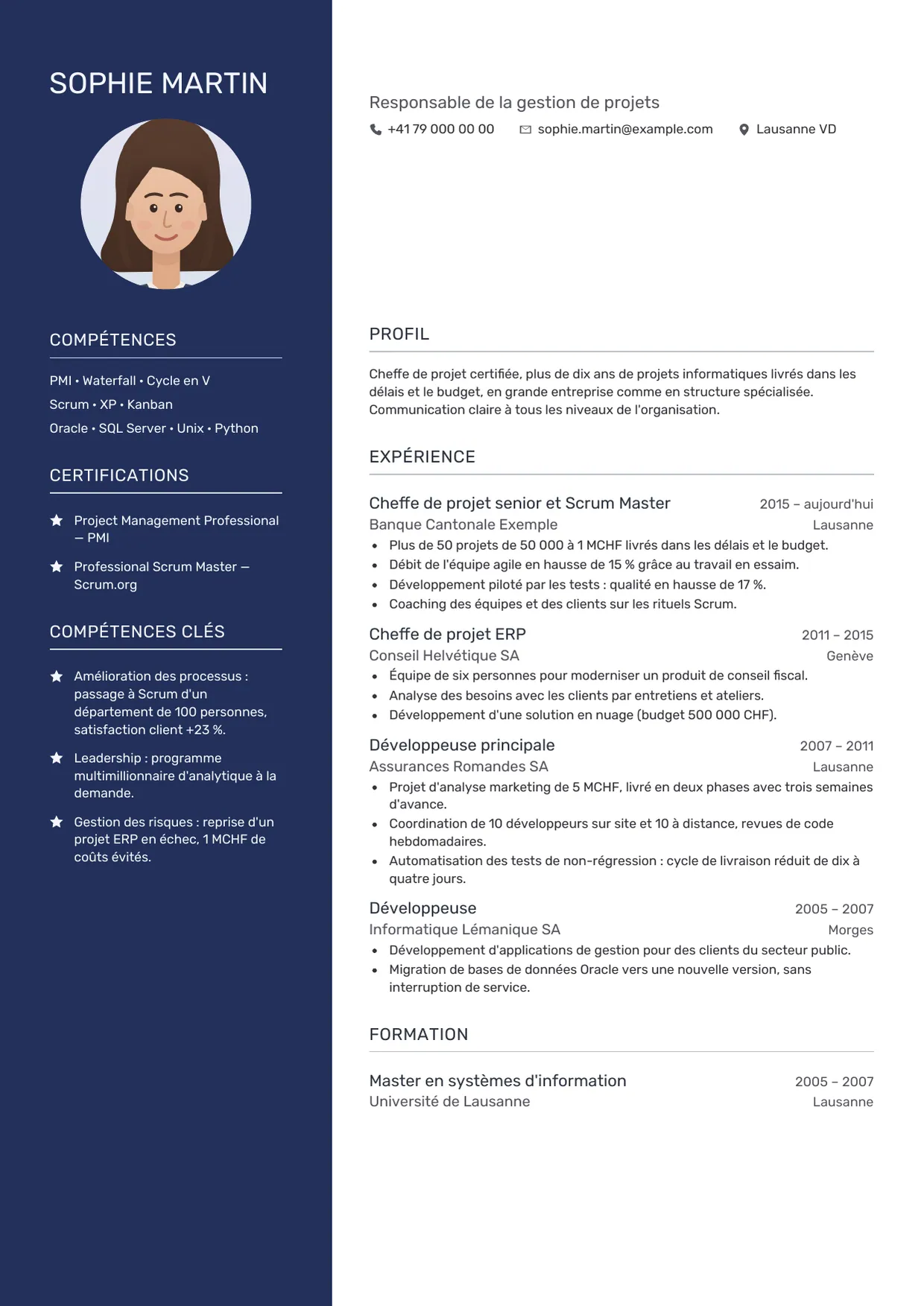 Exemple de CV fictif au nom de Sophie Martin, modèle Exécutif
