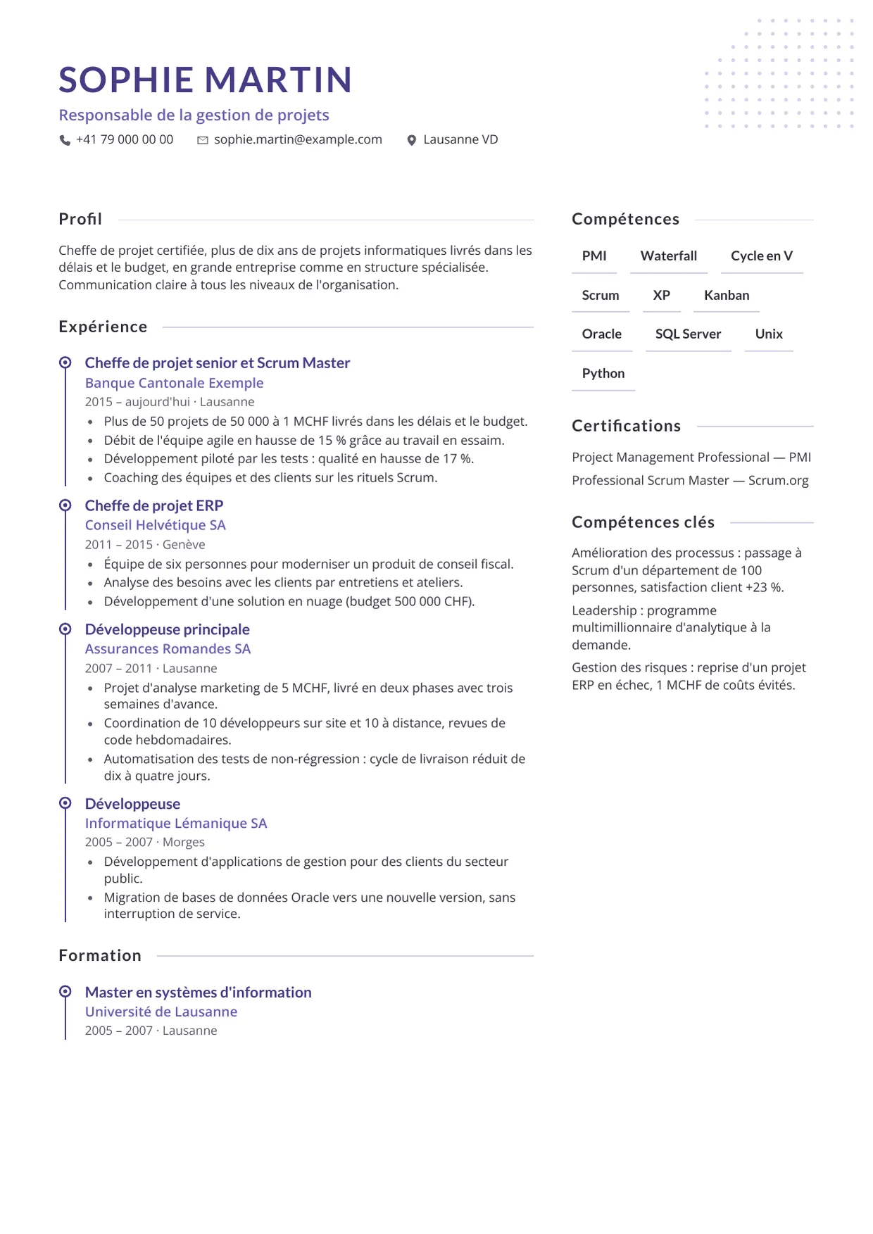 Exemple de CV fictif au nom de Sophie Martin, modèle Repères